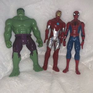 hulk, spider-man, and ironman action figures